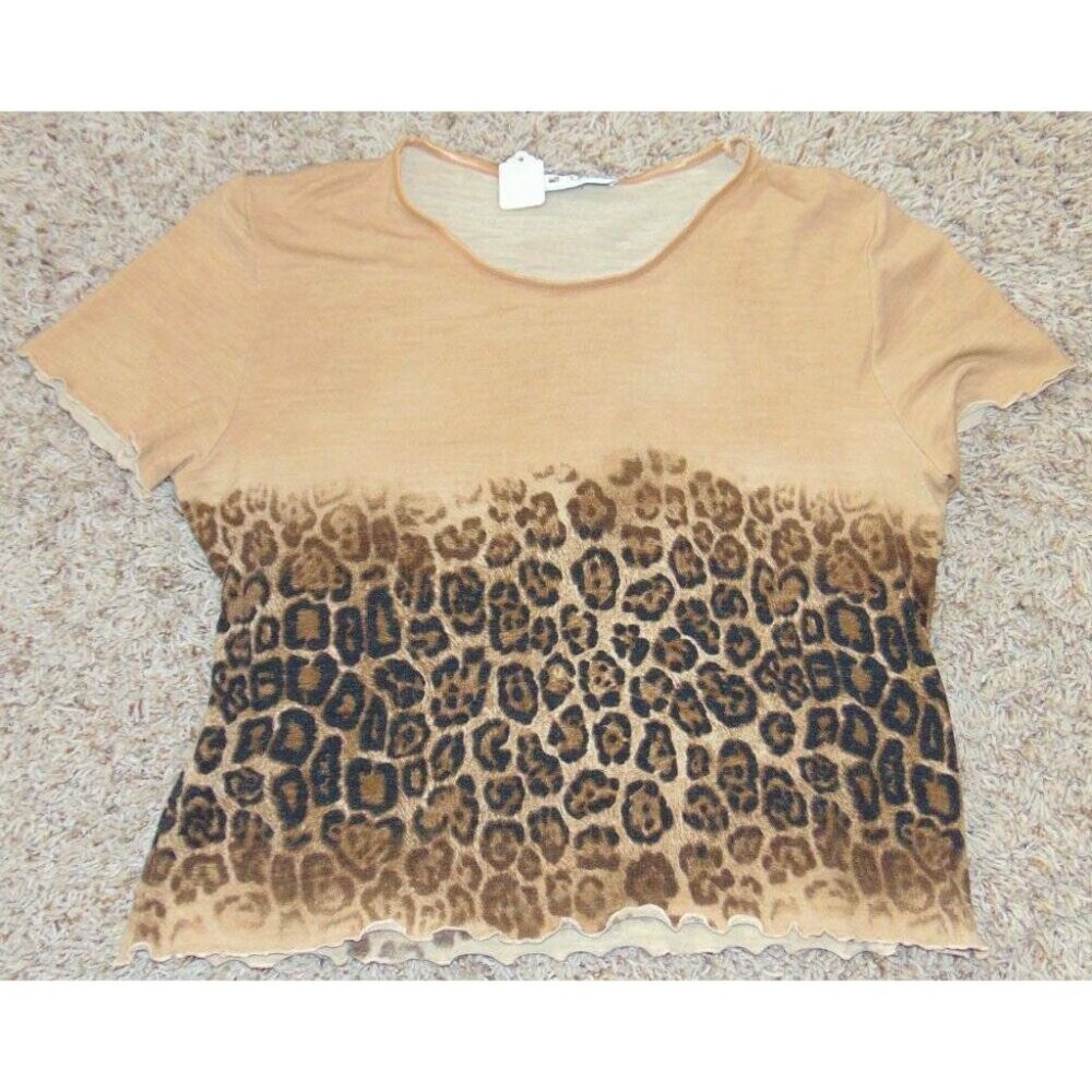 Womens Enza Italy Top XL Brown Leopard Short Sleeve Wool Blend Shirt $129